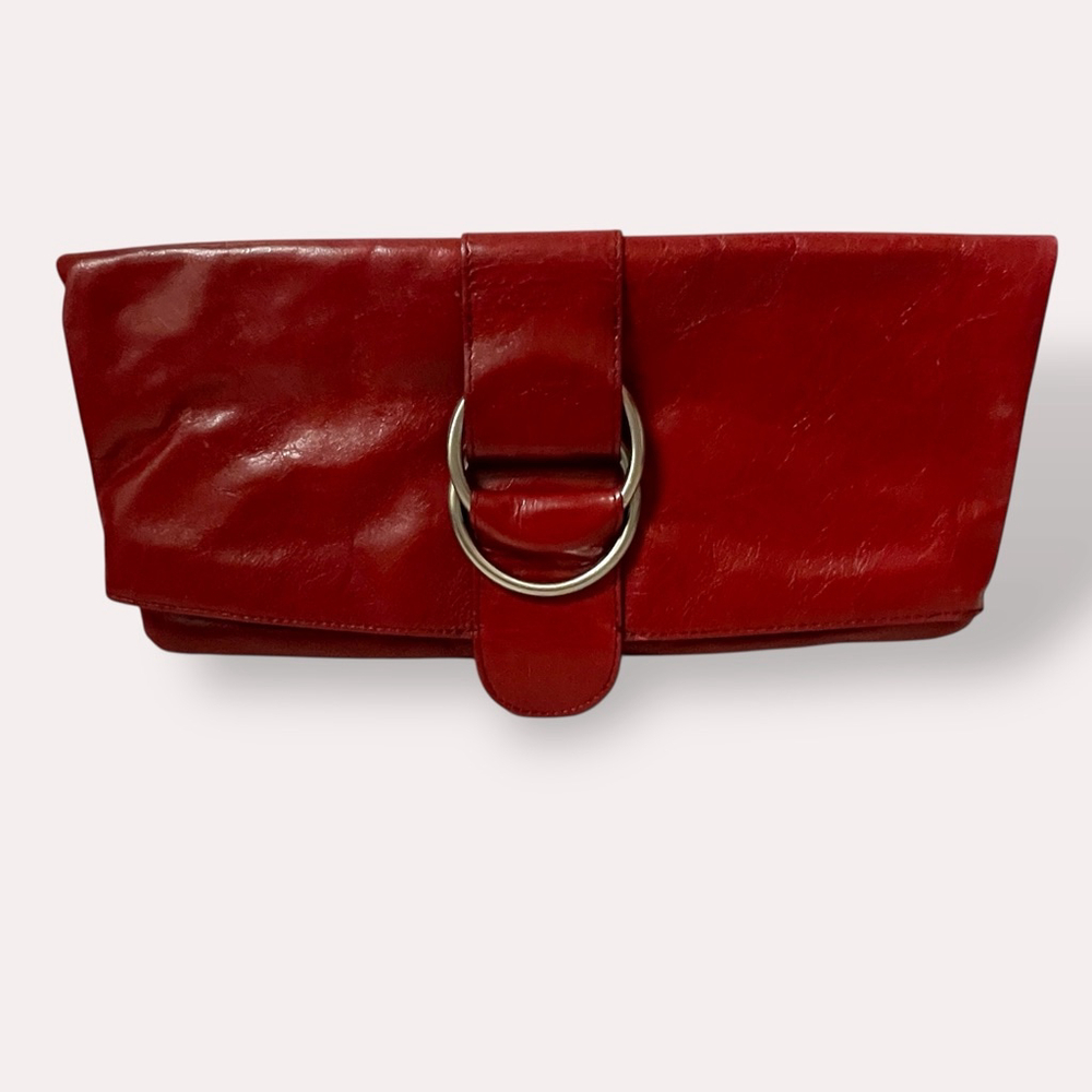Hobo International Red Leather Clutch Wristlet Foldover Bag Zip Pockets Vintage